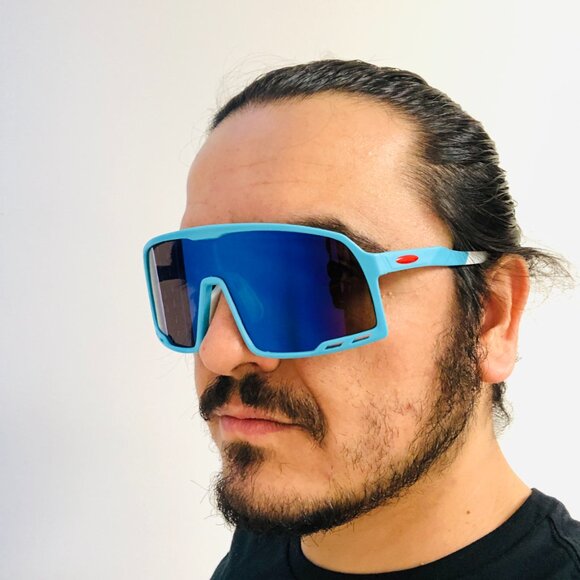 Sports Sunglasses Blue Mirror Lens Shield Beach Shades Cover Face UV Protection - Picture 1 of 4